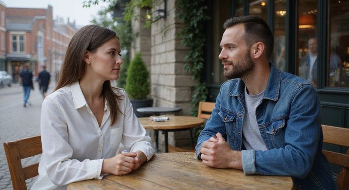 Een transgender vrouw en een man hebben een gesprek over transgender sexcontact Friesland in een café.
