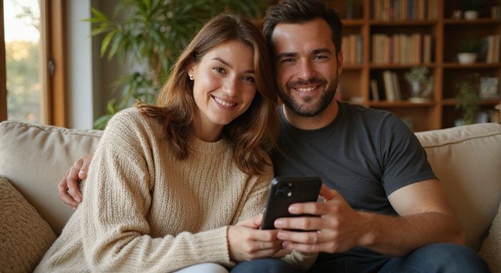 Een vrouw en man delen een gelukkige, intieme moment op de bank.