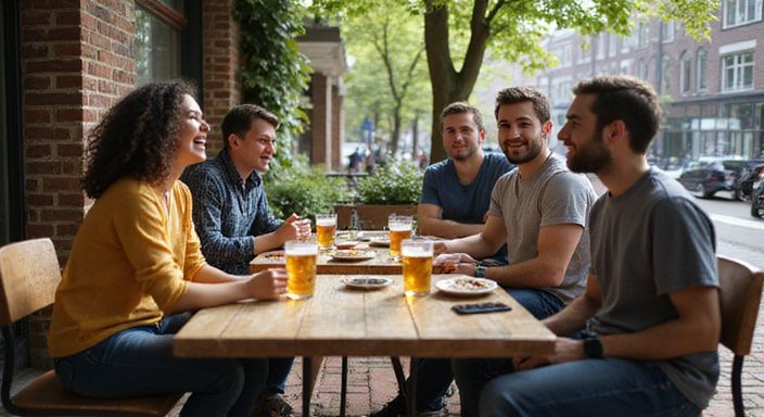 Een groep vrienden geniet van een gezellige middag op een terras.