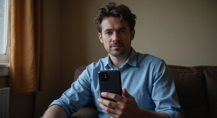 Een persoon bekijkt een datingapp op hun smartphone in een kamer.