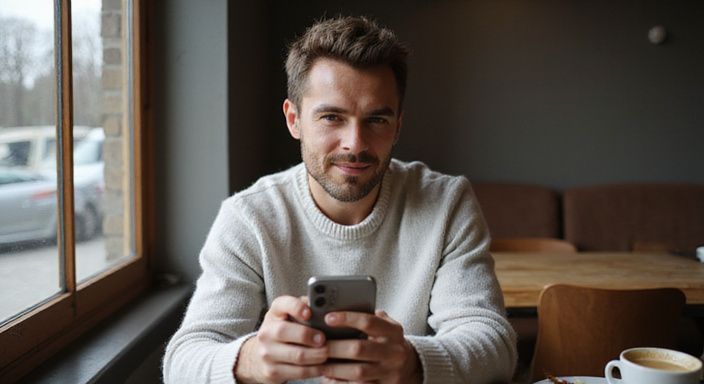 Een jongvolwassene in een sweater kijkt geconcentreerd naar een datingapp voor transgender sexcontact Friesland.