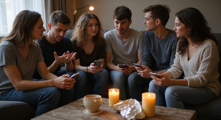 Een diverse groep vrienden heeft een ontspannen gesprek in een woonkamer.