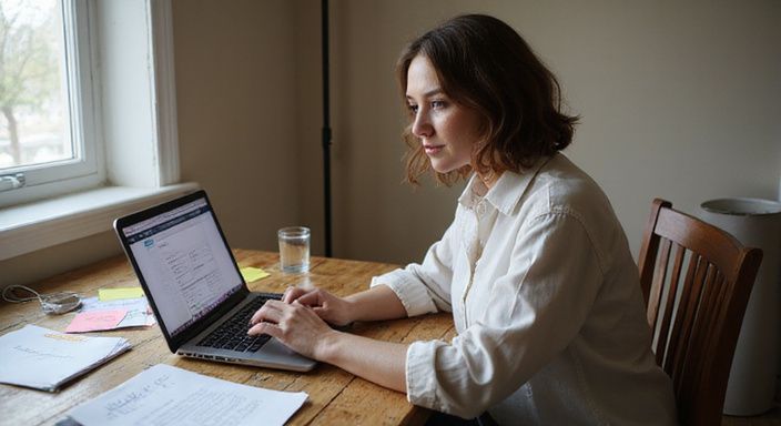 Een trans vrouw werkt geconcentreerd aan haar laptop op een bureau.