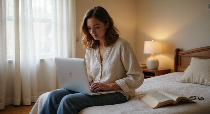 Een transgender vrouw in een kamer, zoekt op haar laptop naar transgender sexcontact Groningen.