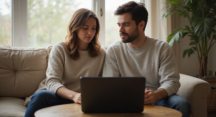 Een man en vrouw zitten samen op een bank, gefocust op een laptop.