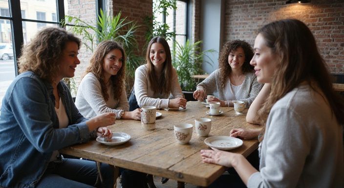 Een diverse groep transgender vrouwen en mannen praat in een café over transgender sexcontact Groningen.