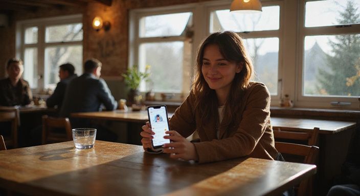 Een transgender vrouw glimlacht terwijl ze een datingapp voor Transgender sexcontact Drenthe op haar telefoon gebruikt.