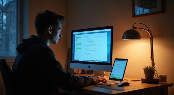 Een jongvolwassene werkt gefocust aan een veilige datingsite.