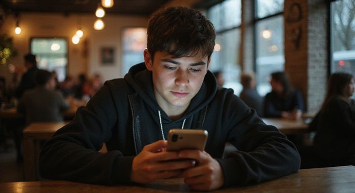 Een jonge volwassene overweegt voorzichtig hun datingprofielen in een café.