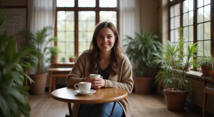 Een persoon geniet van een warme drank in een gezellige café.