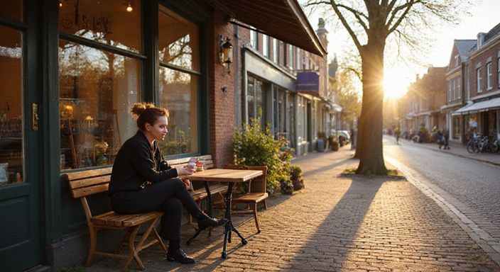 Een rustige straat in Meppel met een vrouw in een café.