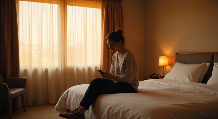Een vrouw zit zelfverzekerd op een hotelbed en kijkt op haar telefoon.