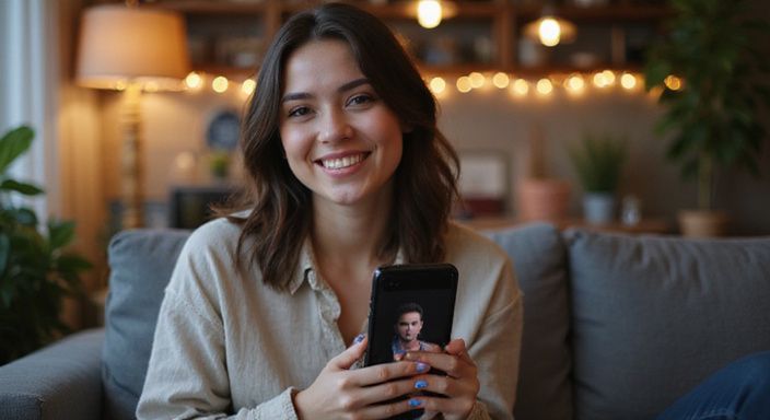 Jonge vrouw in trendy kleding verkent datingprofielen met een glimlach.