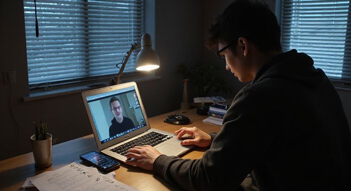 Een persoon in een thuiskantoor bezig met online privacyonderzoek.