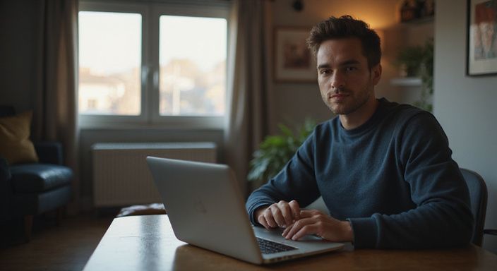 Volwassen persoon aan bureau, geconcentreerd op laptopcommunicatie in privéruimte.
