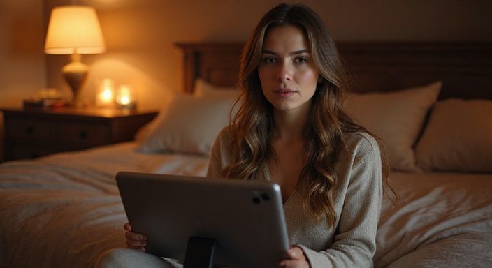 Een transgender vrouw in loungewear, ontspannen tijdens een videogesprek.