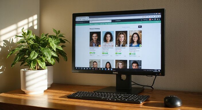Een Dell-monitor toont een datingapp met profielkaarten en tabbladen. Een Dell-monitor toont een datingapp met profielen voor transgender sexcontact Flevoland.