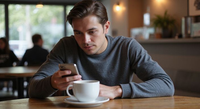 Een jongvolwassene drinkt koffie en kijkt contemplatief naar hun smartphone. Een jongvolwassene drinkt koffie en kijkt contemplatief naar hun smartphone.