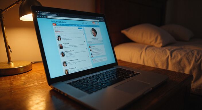 Een laptop met een dating-app in een sfeervolle slaapkamer. Een laptop met een dating-app voor transgender sexcontact Flevoland in een sfeervolle slaapkamer.