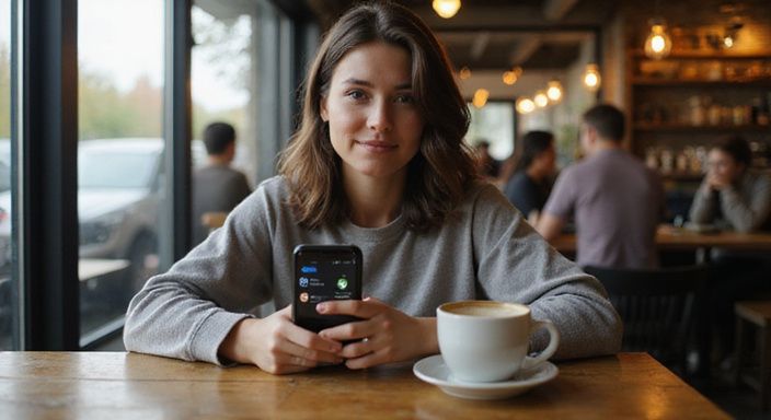 Een vrouw in een café kijkt geconcentreerd naar haar smartphone. Een vrouw in een café kijkt geconcentreerd naar haar smartphone.