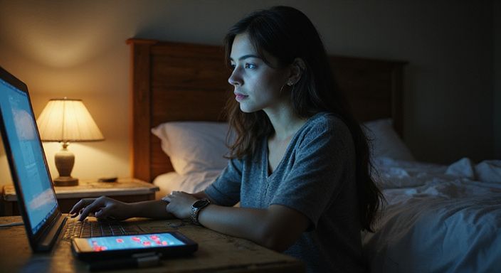 Een jonge vrouw kijkt peinzend naar haar laptopscherm in haar slaapkamer. Een jonge vrouw kijkt peinzend naar haar laptopscherm in haar slaapkamer.