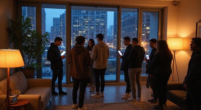 Een informele bijeenkomst van vrienden in een moderne Amsterdamse appartement. Een informele bijeenkomst van vrienden in een moderne Amsterdamse appartement.