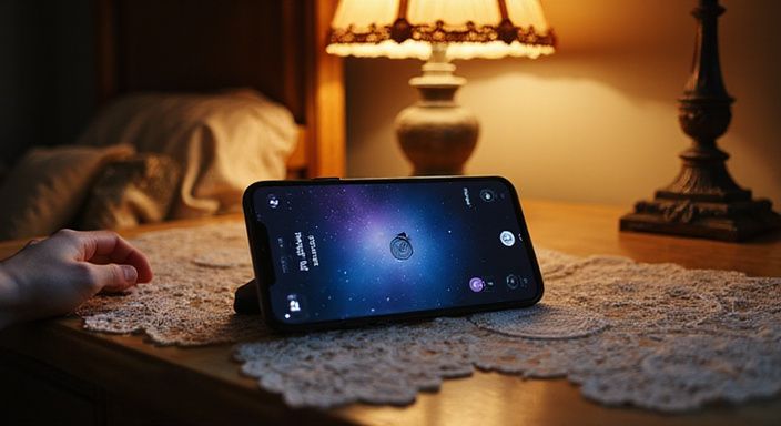 Een smartphone ligt op een houten bureau in een sfeervolle kamer. Een smartphone ligt op een houten bureau in een sfeervolle kamer.