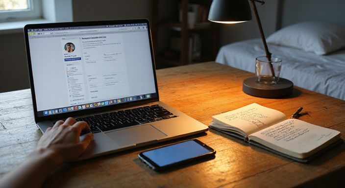 Een MacBook Pro met datingapp op een houten bureau. Een MacBook Pro met datingapp voor transgender sexcontact Flevoland op een houten bureau.