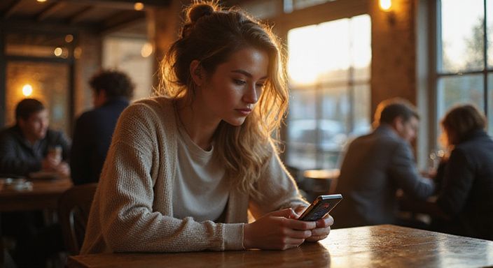 Een vrouw in een café, verdiept in haar dating-app. Een vrouw in een café, verdiept in haar dating-app voor transgender sexcontact Flevoland.