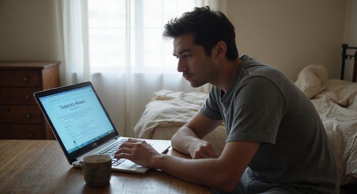 Een jonge volwassene overweegt online daten met een bezorgde uitdrukking. Een jonge volwassene overweegt online daten met een bezorgde uitdrukking.