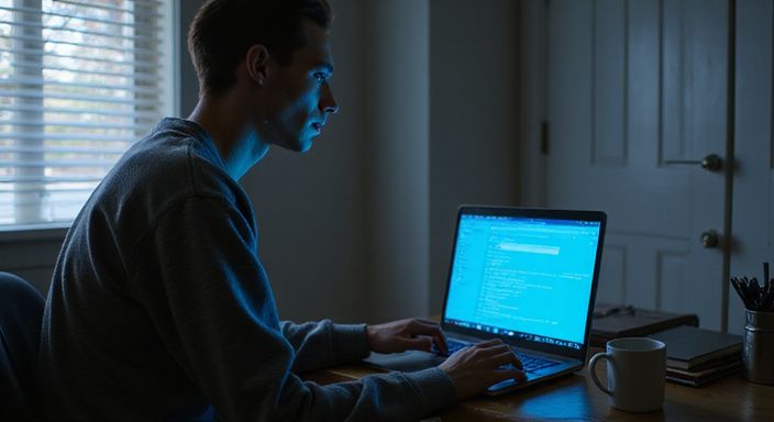 Jongvolwassene in comfortabele kleding werkt geconcentreerd aan laptop op bureau. Jongvolwassene in comfortabele kleding werkt geconcentreerd aan laptop op bureau.