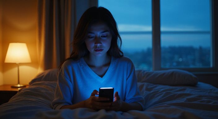 Een vrouw zit contemplatief op bed en kijkt naar haar smartphone. Een vrouw zit contemplatief op bed en kijkt naar haar smartphone.