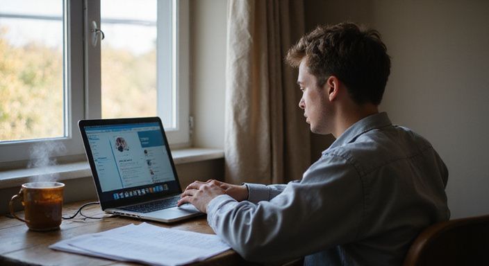 Een persoon in een huiselijke werkomgeving bekijkt een datingapp. Een persoon in een huiselijke werkomgeving bekijkt een datingapp voor transgender sexcontact in Flevoland.