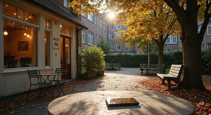 Een sfeervolle straatcorner met een café en herfstbladeren. Een sfeervolle straatcorner met een café en herfstbladeren.