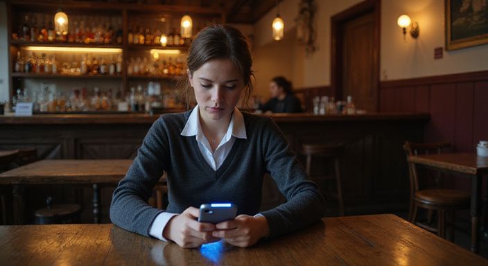 Een jonge vrouw zit alleen in een traditioneel café, peinzend naar haar telefoon. Een jonge vrouw zit alleen in een traditioneel café, peinzend naar haar telefoon op zoek naar transgender sexcontact Gelderland.