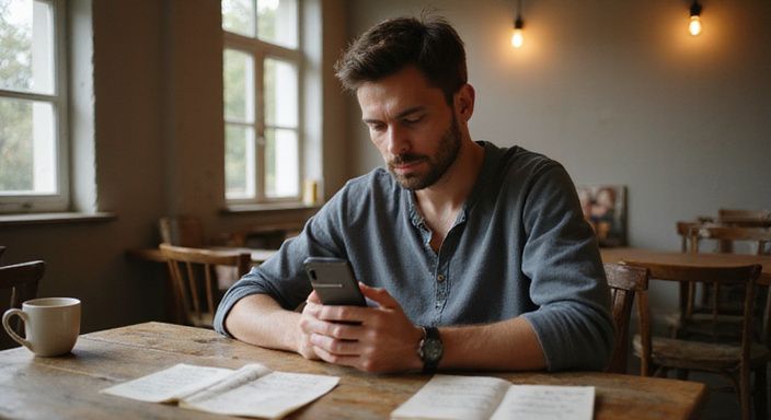 Een man in gedachten verzonken, kijkend naar zijn smartphone. Een man in gedachten verzonken, kijkend naar zijn smartphone.