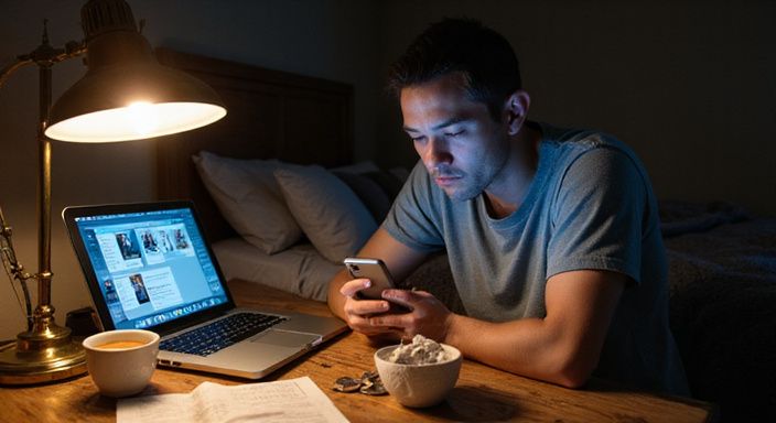 Een jongere is geconcentreerd bezig met een smartphone en laptop. Een jongere is geconcentreerd bezig met een smartphone en laptop.