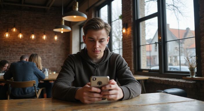 Een jonge volwassene verdiept in een datingapp in een café. Een jonge volwassene verdiept in een datingapp voor transgender sexcontact Gelderland in een café.