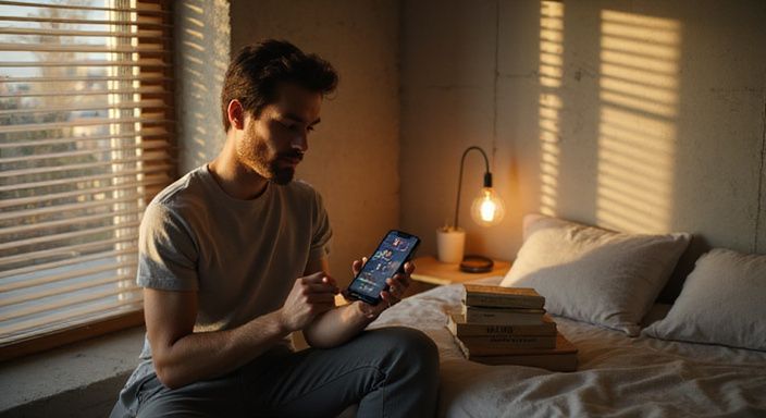 Een jongvolwassene reflecteert op een datingapp in een minimalistische slaapkamer. Een jongvolwassene reflecteert op een datingapp in een minimalistische slaapkamer.