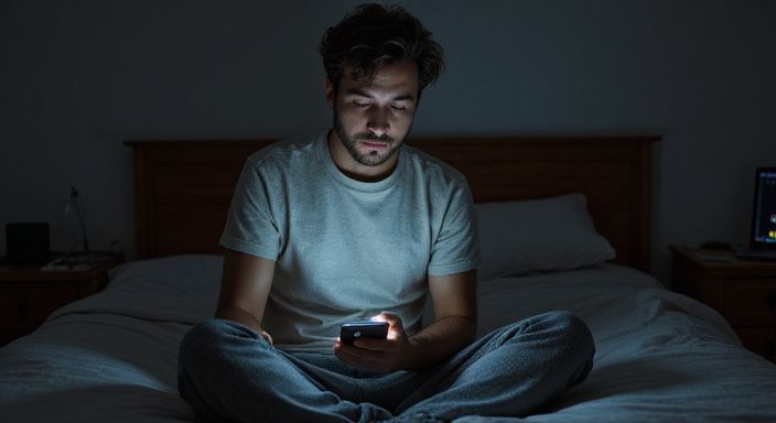 Een jonge man overdenkt iets op zijn smartphone terwijl hij zit. Een jonge man bekijkt transgender sexcontact Gelderland op zijn smartphone terwijl hij zit.