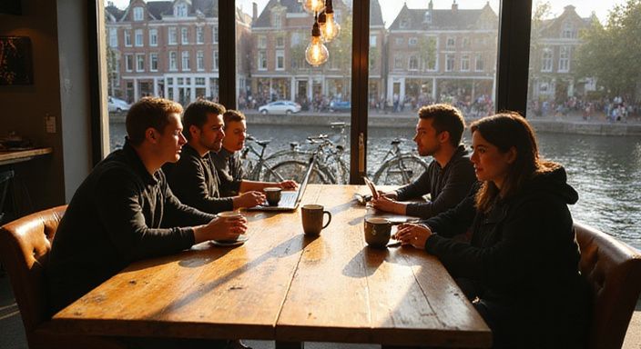 Een groep volwassenen geniet van gesprekken in een café in Arnhem. Een groep volwassenen geniet van gesprekken over transgender sexcontact Gelderland in een café in Arnhem.