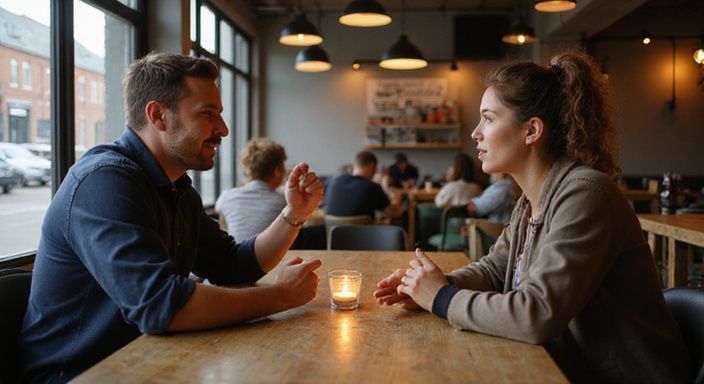 Twee volwassenen hebben een levendig gesprek over Transgender sexcontact Utrecht aan een houten tafel.