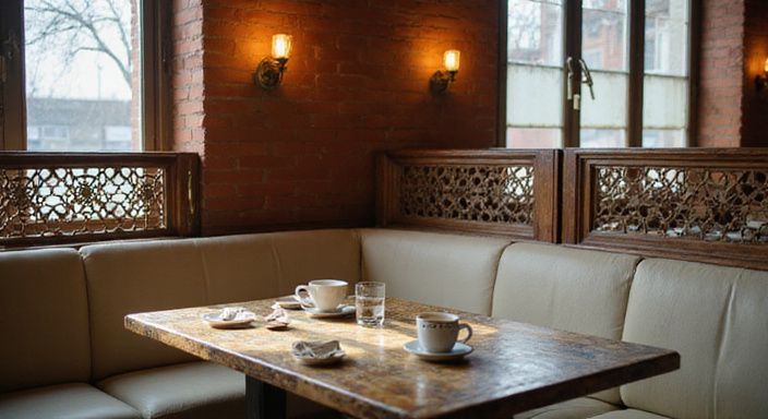 Een intieme caféhoek met versleten meubels en gezellige sfeer.