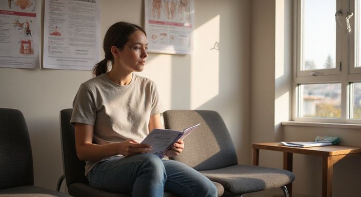 Een jongvolwassene leest een brochure over seksuele gezondheid in een wachtkamer.
