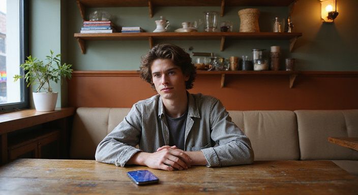 Een introspectieve jongvolwassene in een café met een datingapp voor Transgender sexcontact Utrecht.