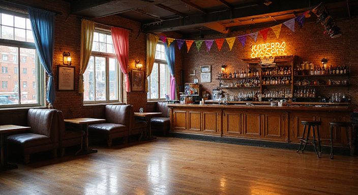 Een levendige LGBTQ+ nachtclub met authentieke architecturale details en kleurrijke vlaggen.