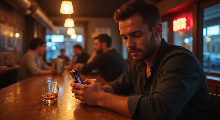 Een jonge man kijkt aandachtig naar zijn smartphone in een bar.