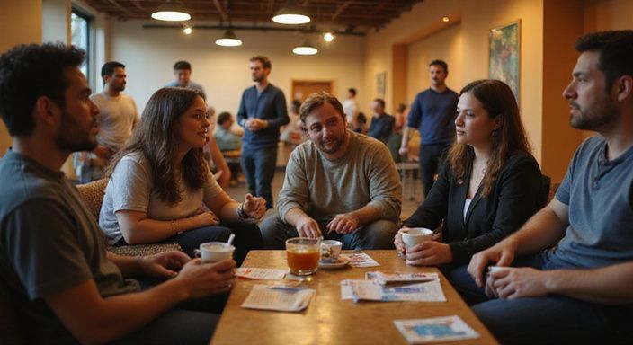 Een diverse groep volwassenen geniet van een gesprek over Transgender sexcontact Utrecht in een gemeenschapscentrum.