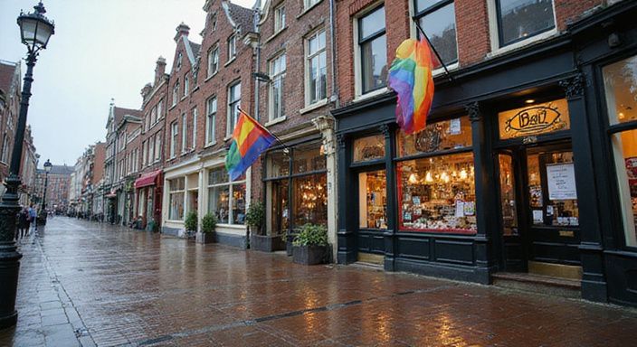 Strat in Utrecht met historische gebouwen en vrolijke regenboogvlaggen.