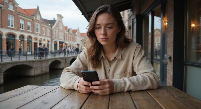 Een vrouw in een café, verdiept in haar smartphone. Een vrouw in een café zoekt op haar smartphone naar transgender sexcontact Noord-Holland.